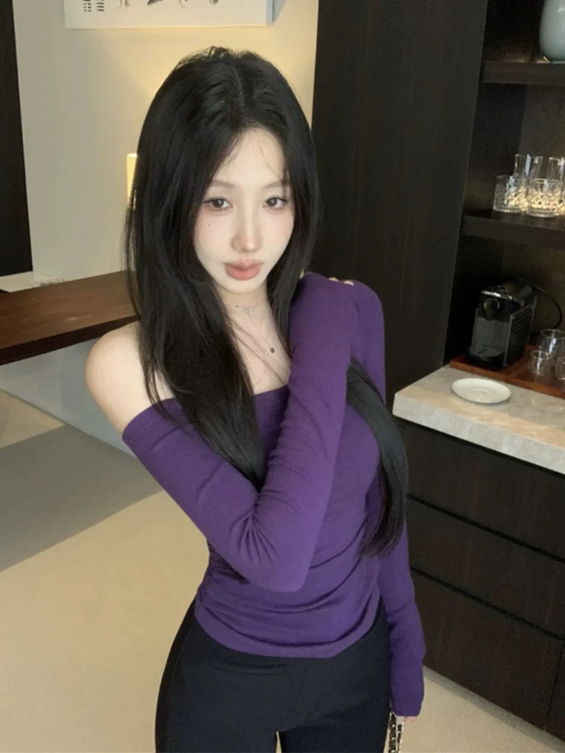 纯欲紫色斜领长袖T恤女秋季修身褶皱打底衫显瘦百搭短款露肩上衣