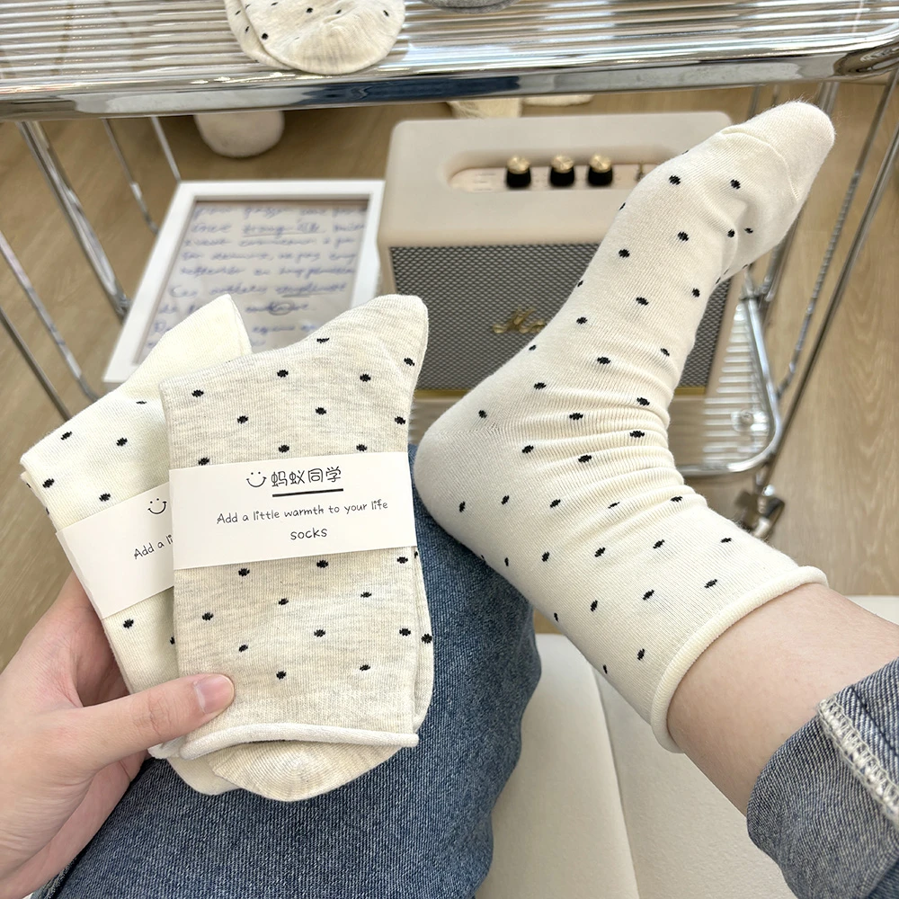 卷边波点袜子女中筒棉袜ins潮春夏圆点堆堆袜韩系JK袜