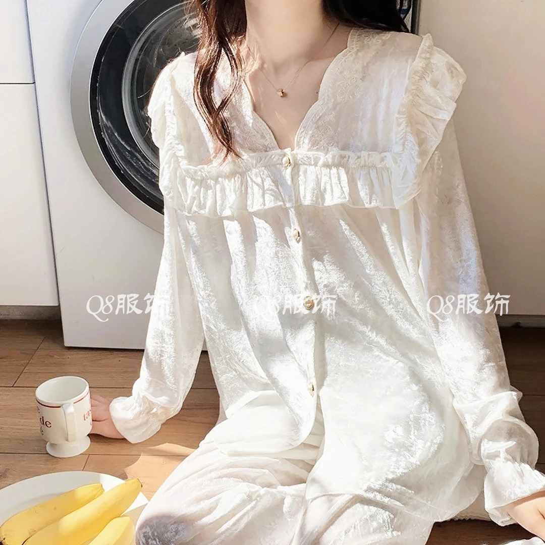 【Q8服饰】2024新款金丝绒睡衣女秋冬甜美公主风花边长袖长裤家居服