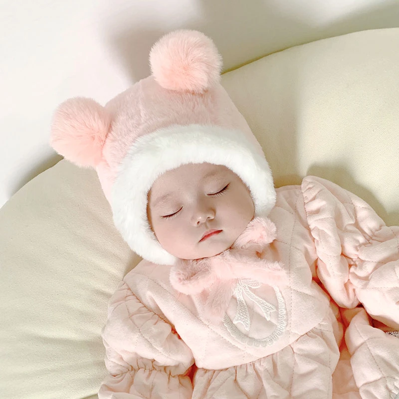 婴儿帽子秋冬婴幼儿超萌可爱球球护耳帽冬季保暖系带宝宝套头帽潮