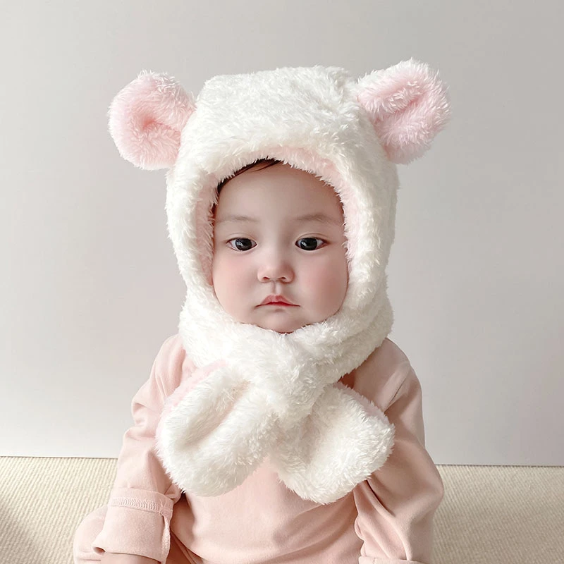 秋冬婴儿帽子围巾一体帽男女宝宝加绒加厚保暖帽超萌婴幼儿套头帽