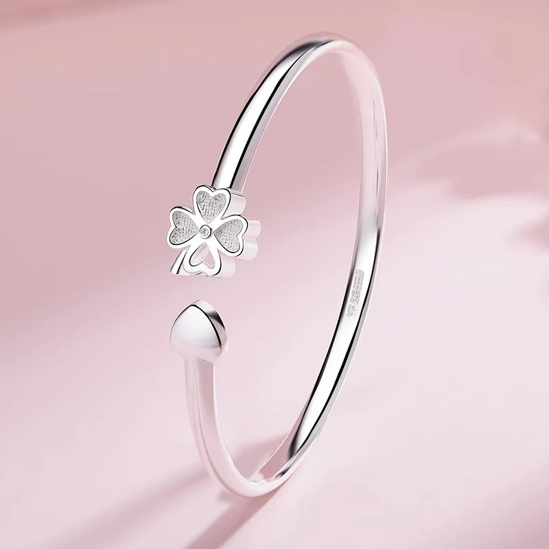 足银手镯 纯银9999四叶草手镯女生实心银镯子七夕送女友礼物百搭