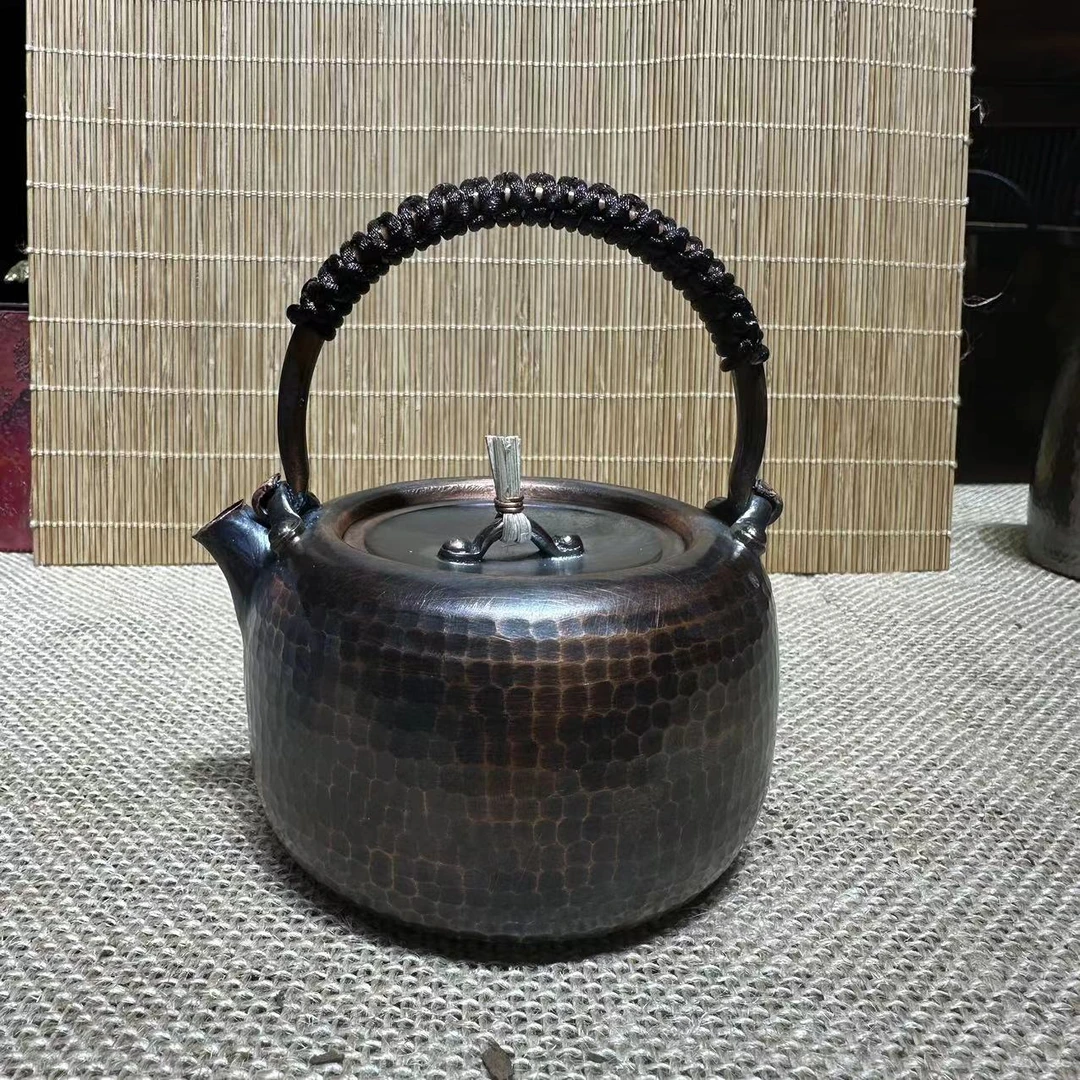 A 紫铜小北村壶型一张打手工锤纹复古色提梁煮茶壶 泡茶壶