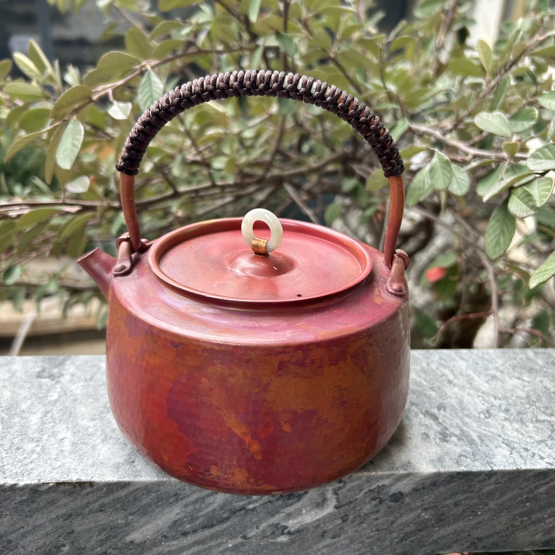 A 紫铜大北村壶型一张打手工锤纹火烧云烤色提梁煮茶壶 泡茶壶