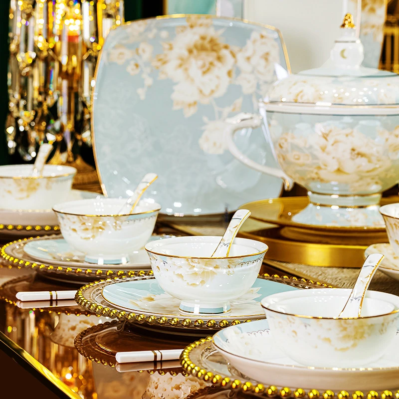 新中式轻奢骨瓷餐具碗碟套装礼品景德镇轻奢家用陶瓷碗碟乔迁送礼