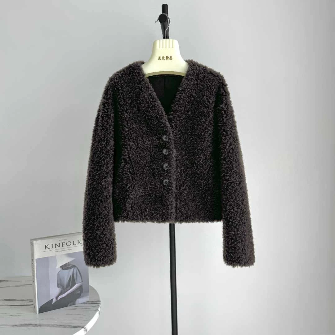 A07绵羊毛100%外套V领羊剪绒短款上衣