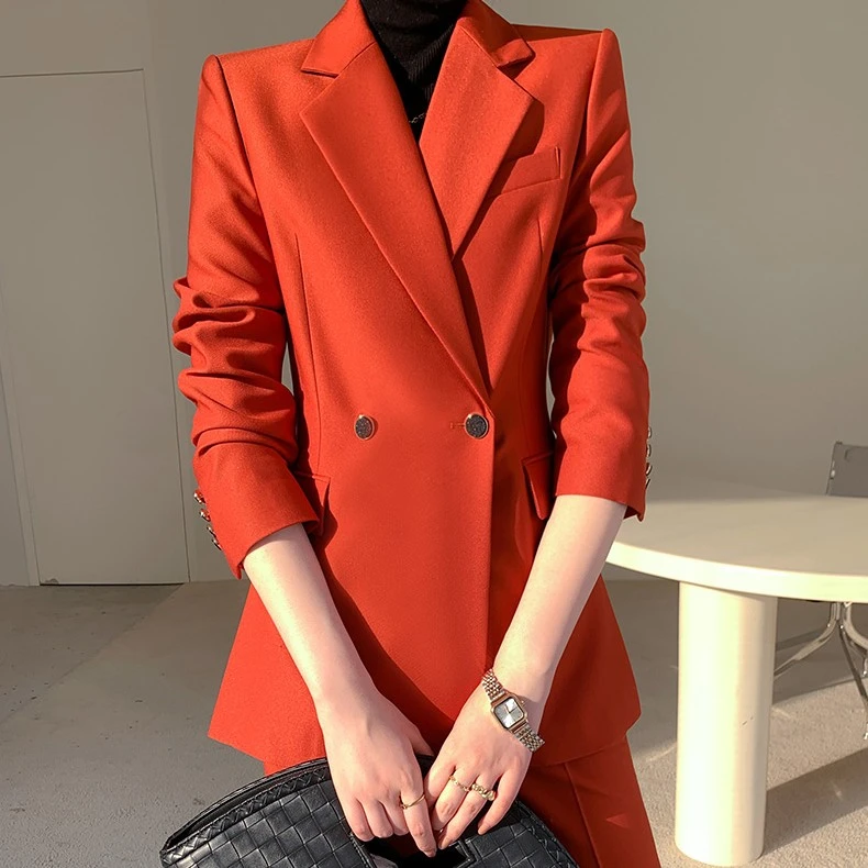 西装套装橘红色西装套装女秋女神范职业正装显瘦总裁休闲西服薄款