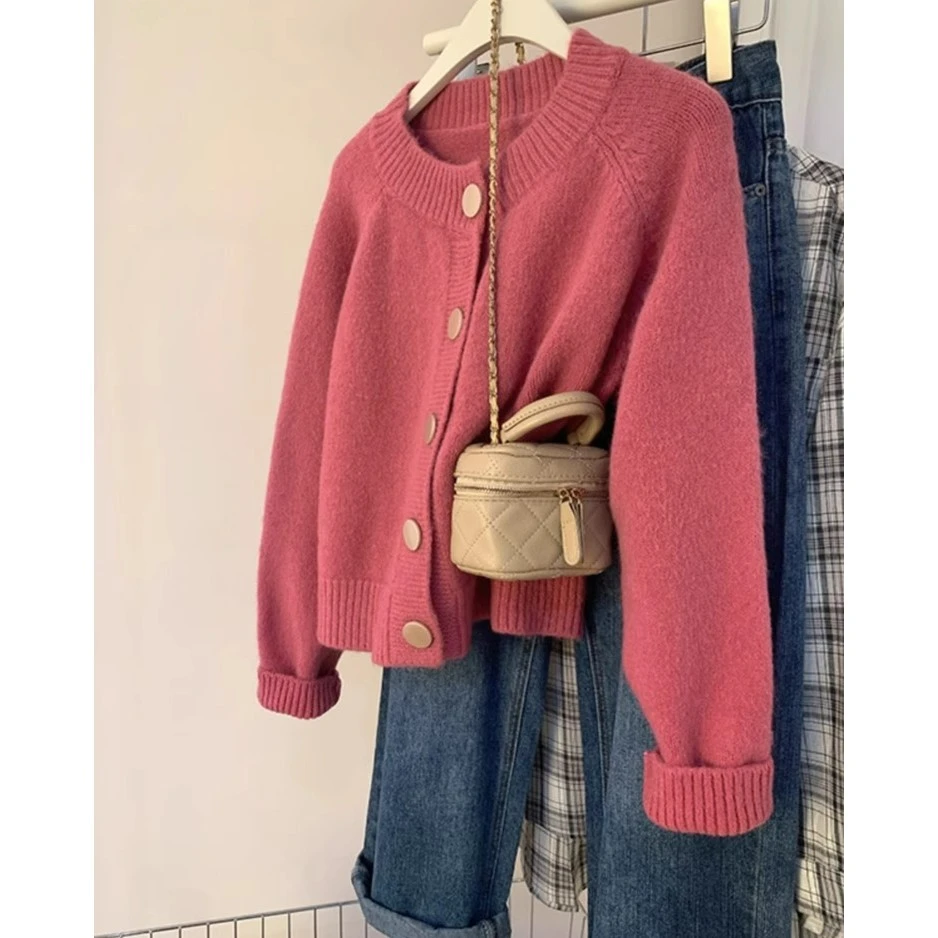 QY韩系梅子色软糯针织衫女2023秋冬设计感洋气百搭毛衣外套上衣厚