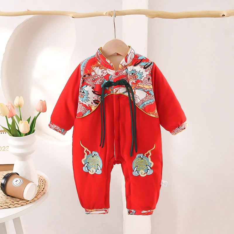 婴儿连体夹棉加厚棉衣祥龙中国风棉新生儿爬服宝宝衣服秋冬装