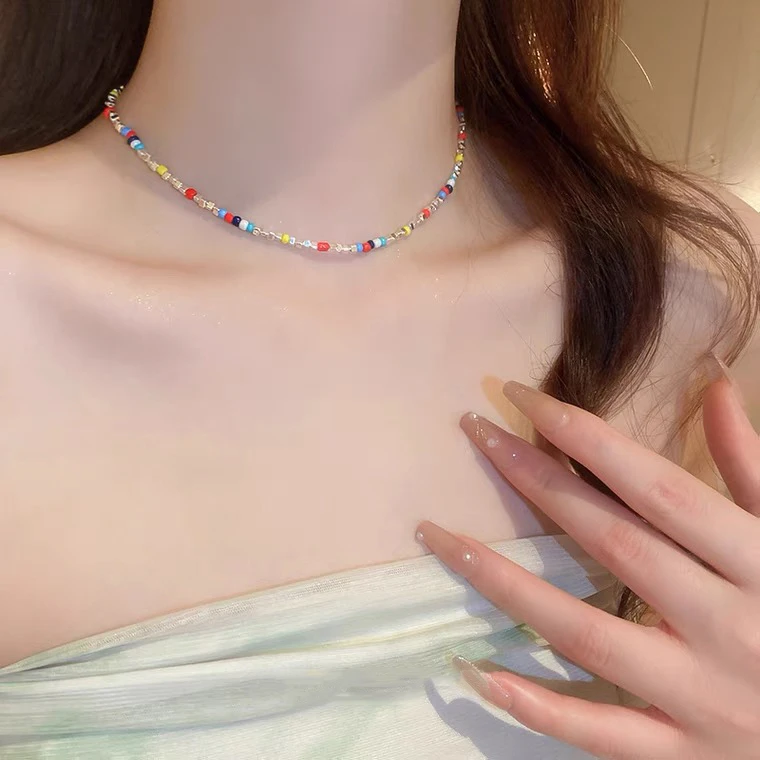 非金属项链 彩色串珠碎银子项链女轻奢小众设计感锁骨颈链 X-104
