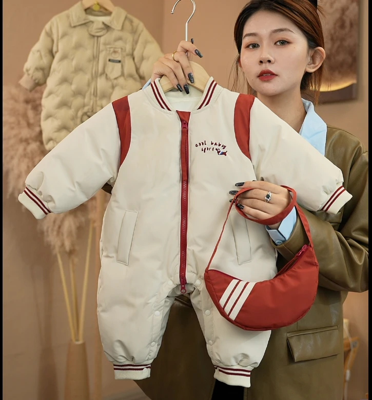 【Lu狗】2024冬季新款90白鸭绒婴幼儿男女宝刺绣棒球羽绒哈衣连体