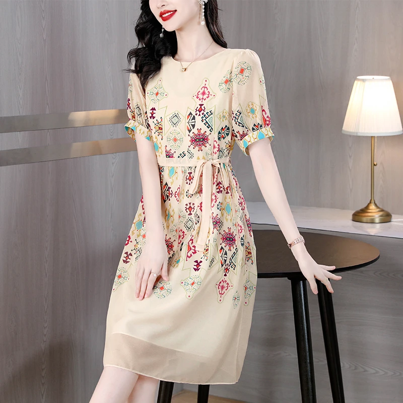 高级感时尚桑蚕丝连衣裙子夏天女装短袖印花真丝减龄显瘦气质裙子