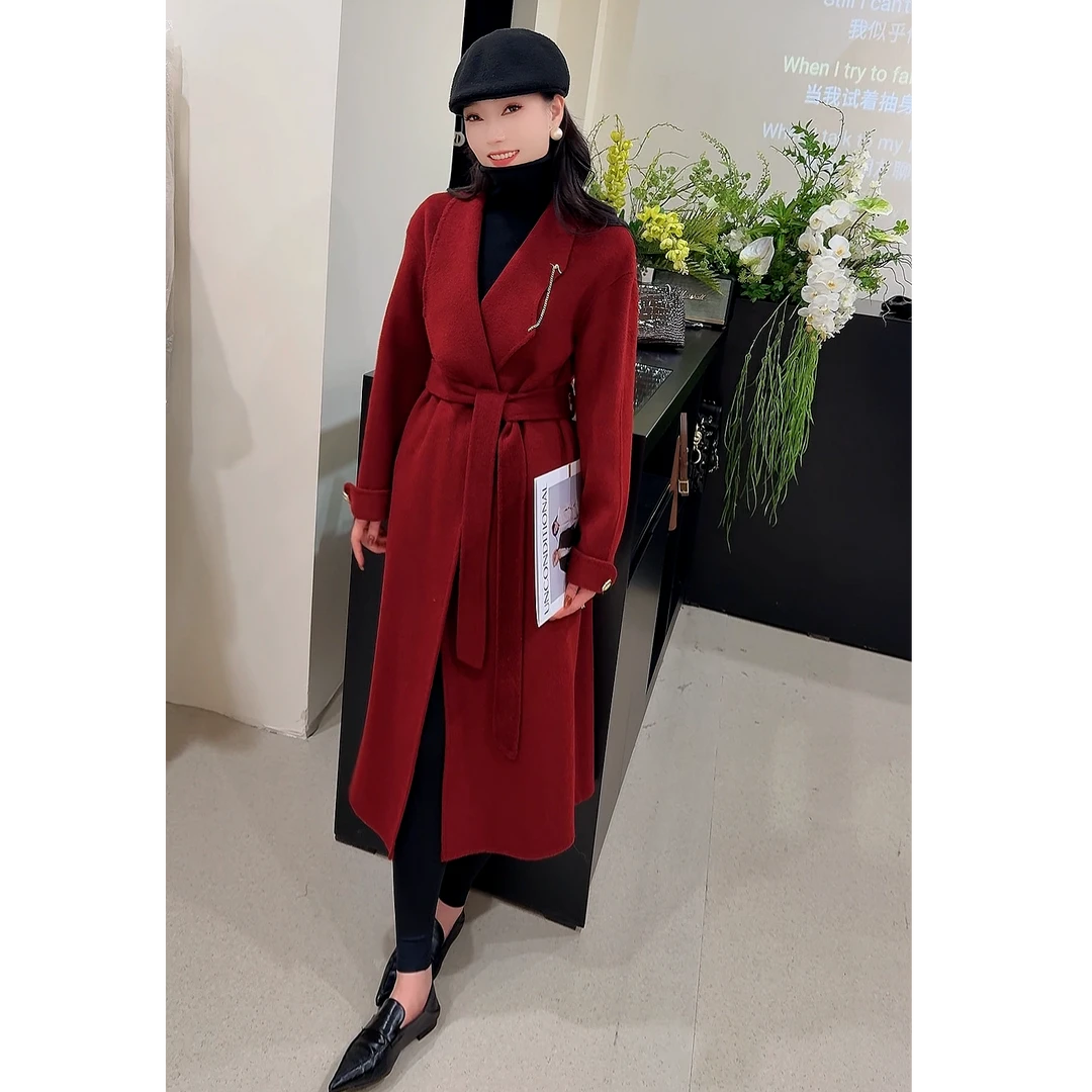 秋冬新款爆款羊毛大衣气质显瘦时尚百搭红色收腰中长款毛呢外套