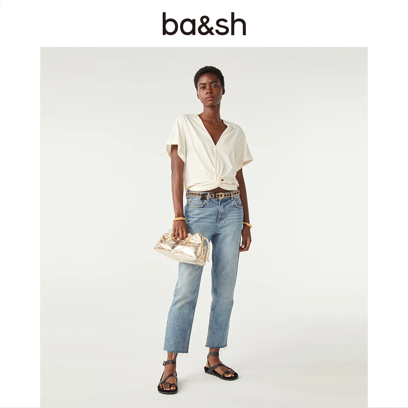 【流光风】ba&sh 法式气质V领扭结短袖时尚奶油系T恤女1E24DENA