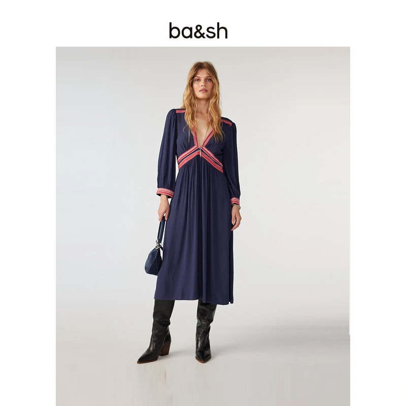 【一秒入夏】ba&sh春夏新款条纹撞色民族风V领长袖连衣裙1E24TANI