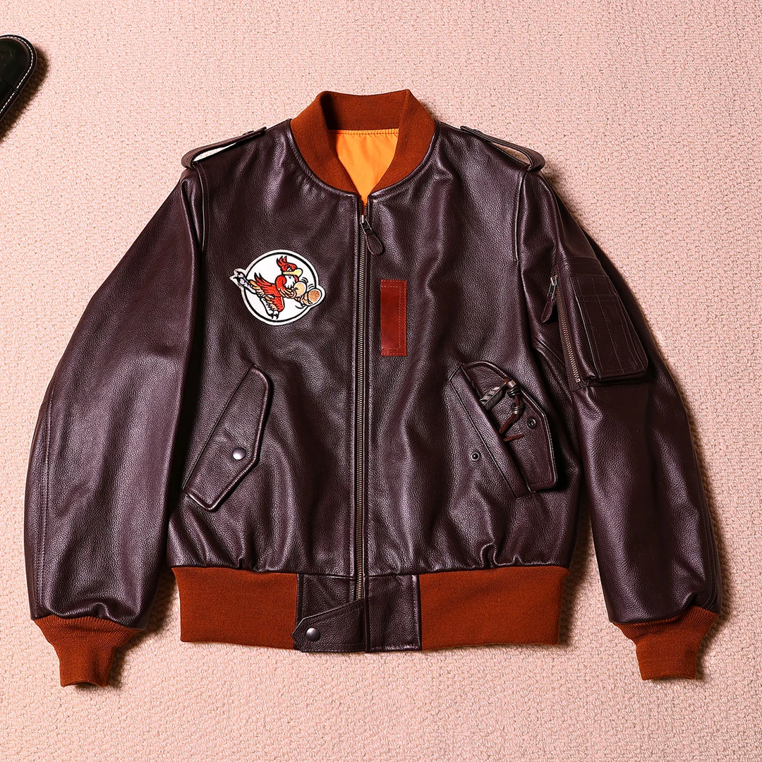 刺绣飞行夹克头层牛皮真皮皮衣棒球服外套春秋夹克男士休闲时尚