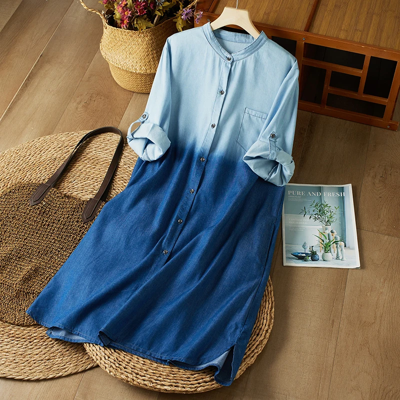 小清新文艺大码个性渐变色牛仔衬衫小众感宽松复古时尚立领薄外套