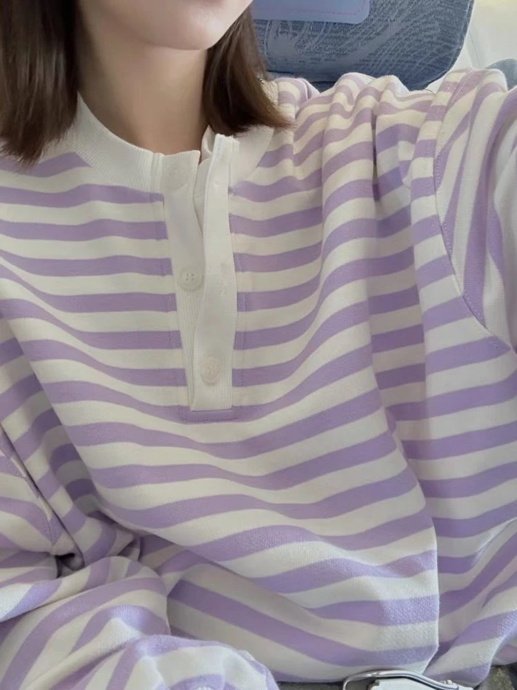 【清仓】芋泥紫条纹卫衣撞色ins小众宽松上衣秋冬