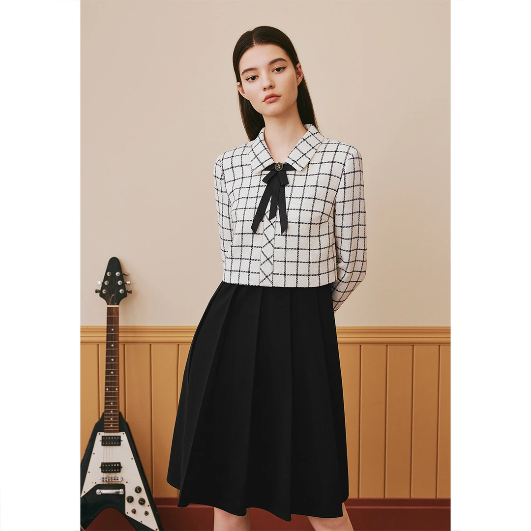 诗篇春秋小香风格子拼色气质长袖优雅轻熟风女装连衣裙6C63505033