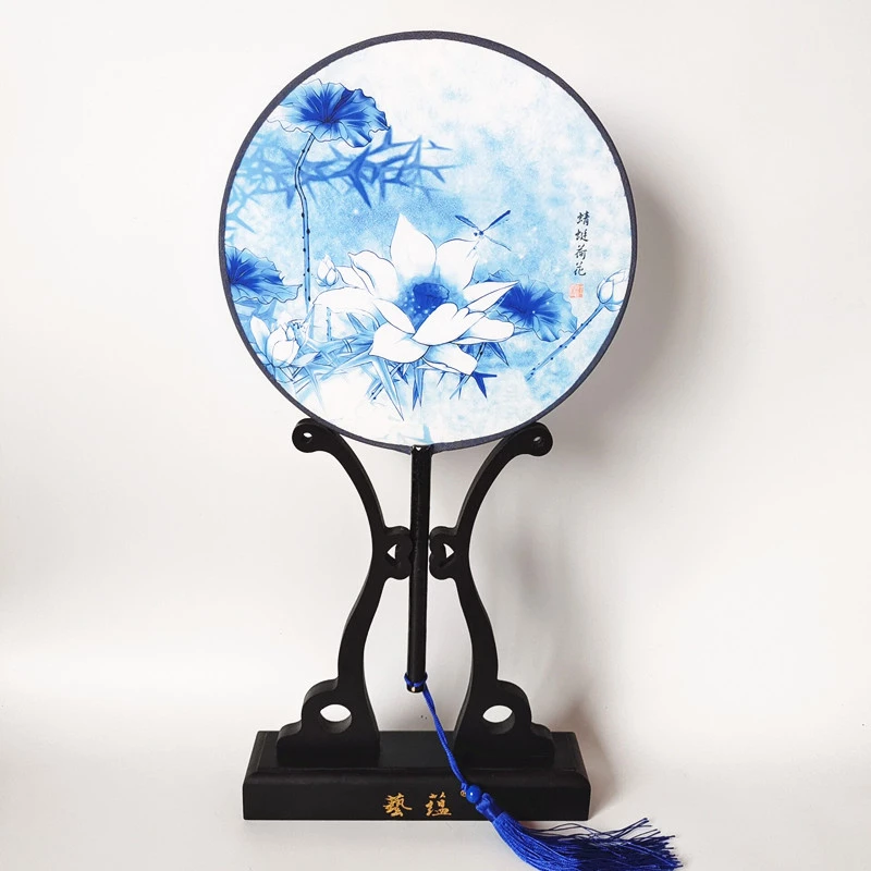 扇子21公分双面青花瓷团扇荷花牡丹舞蹈圆形汉服走秀表演装饰扇子
