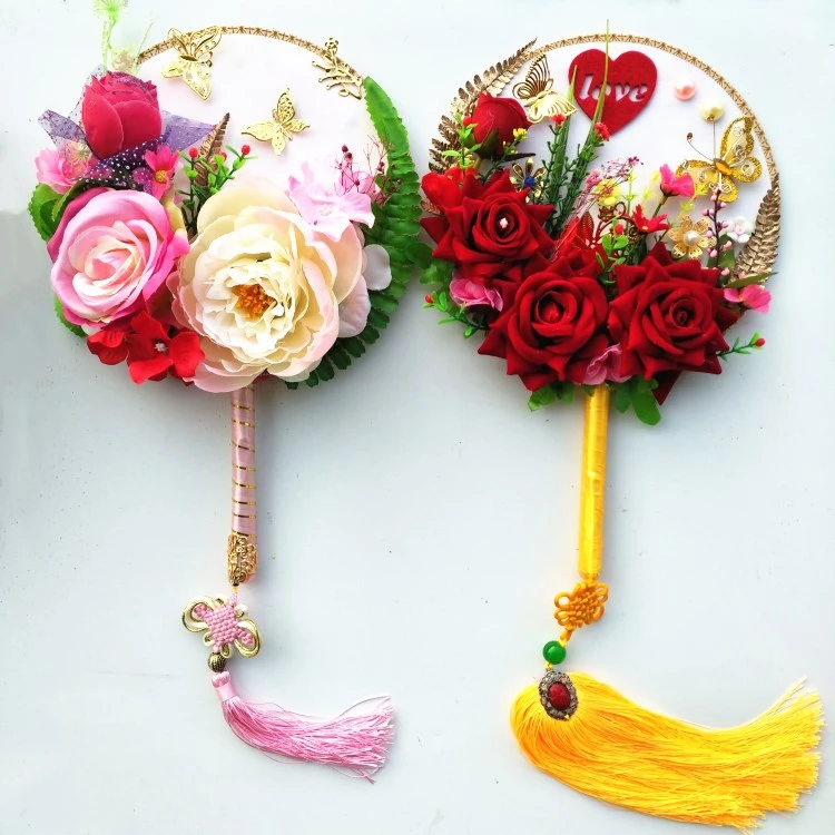 新娘结婚团扇圆形手捧花汉服古装宫廷风牡丹跳舞扇流苏绢荷花扇子