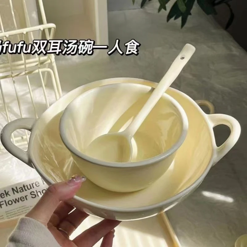 【3件套】奶fufu不规则双耳汤面碗釉下彩陶瓷碗泡面碗大容量带勺