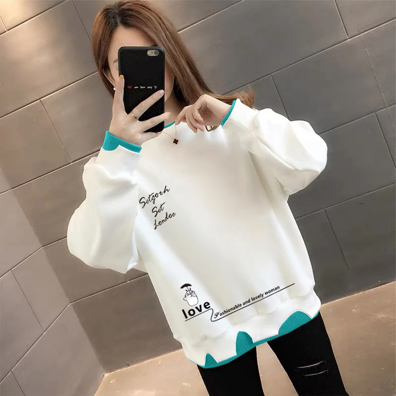 春秋假两件圆领卫衣女精致上衣长袖秋季薄款宽松时尚洋气学生破洞