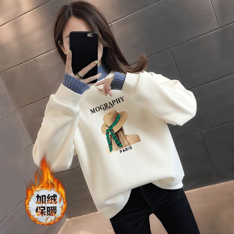 新款半高领假两件卫衣女长袖学生加绒宽松上衣女韩版慵懒风外套