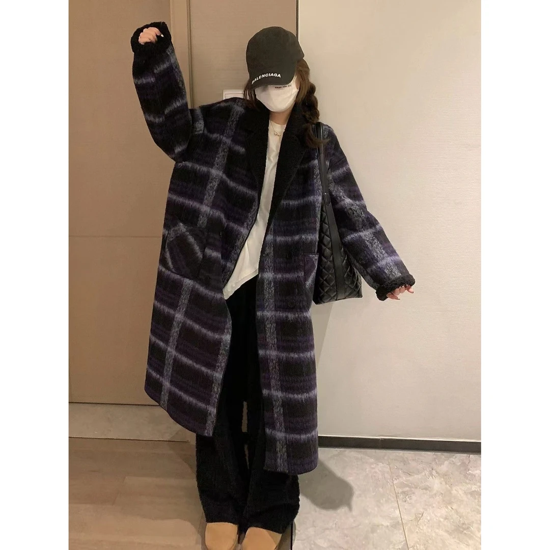 2024冬季宽松格纹加厚呢子外套女正反两面穿小个子大衣长款6017