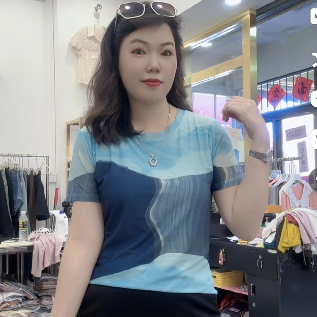 【芬芬家】夏季新款拼色网纱短袖圆领上衣8876