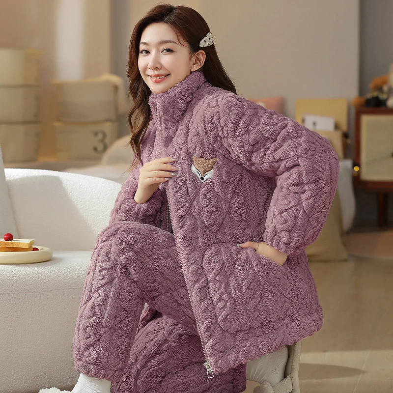 冬季睡衣女超厚夹棉袄三层加绒加厚冬款珊瑚绒家居服可爱外穿新款