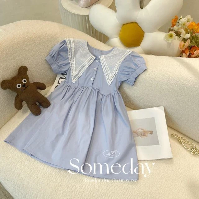 2025夏季新款女童纯色短袖连衣裙娃娃领显瘦洋气甜美公主裙