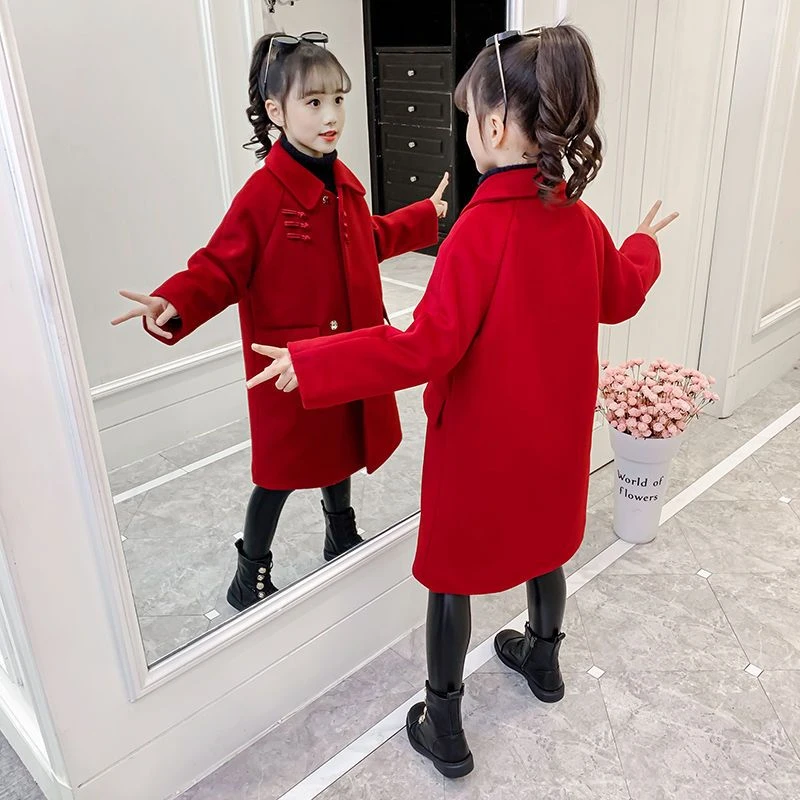 女童毛呢外套儿童呢子大衣韩版中长款红色2025新款大童女孩洋气