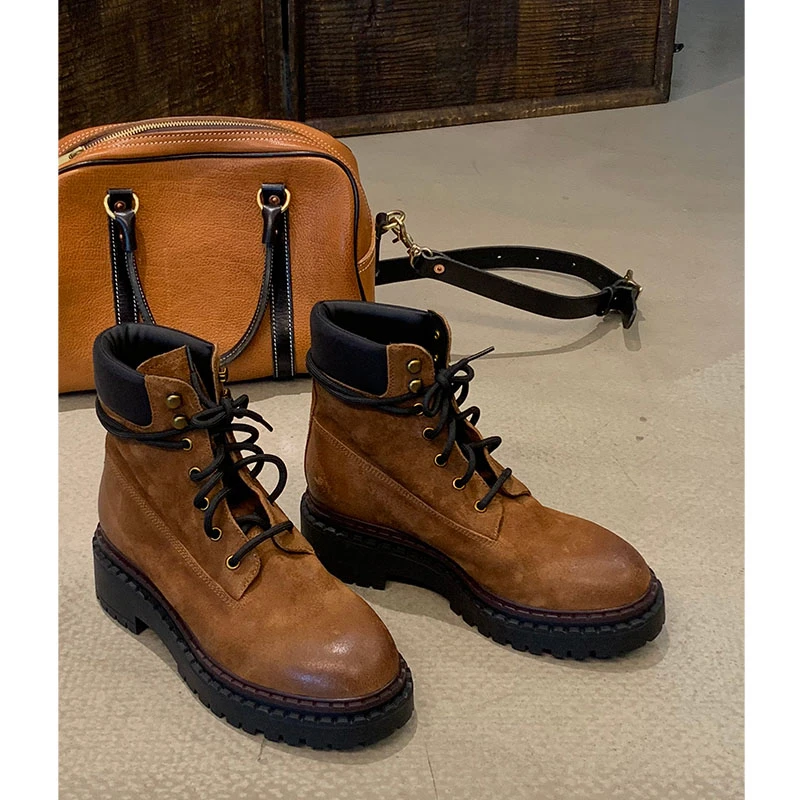 吕小布 | 拉达限定 高丝光牛反绒打蜡复古棕绑带酷飒马丁靴0379
