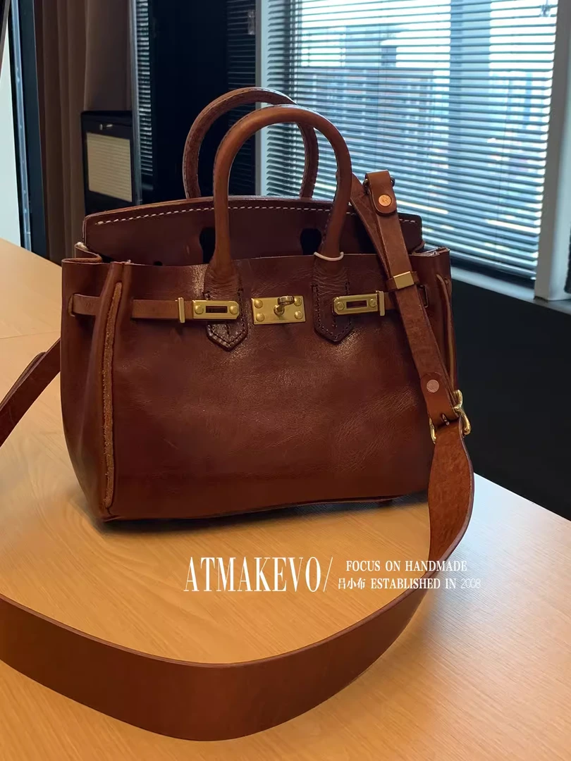 吕小布定制包包~凯莉头层树羔牛皮手工铂金轻奢复古时尚女包0173