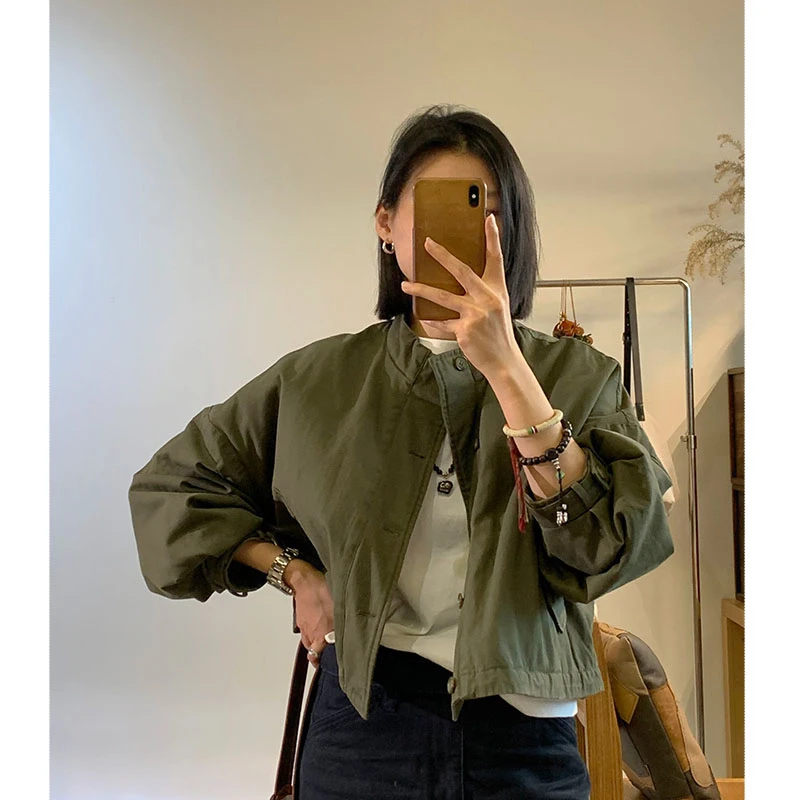 吕小布定制私服~秋冬复古时尚绿色立领chic洋气宽松短外套女0265