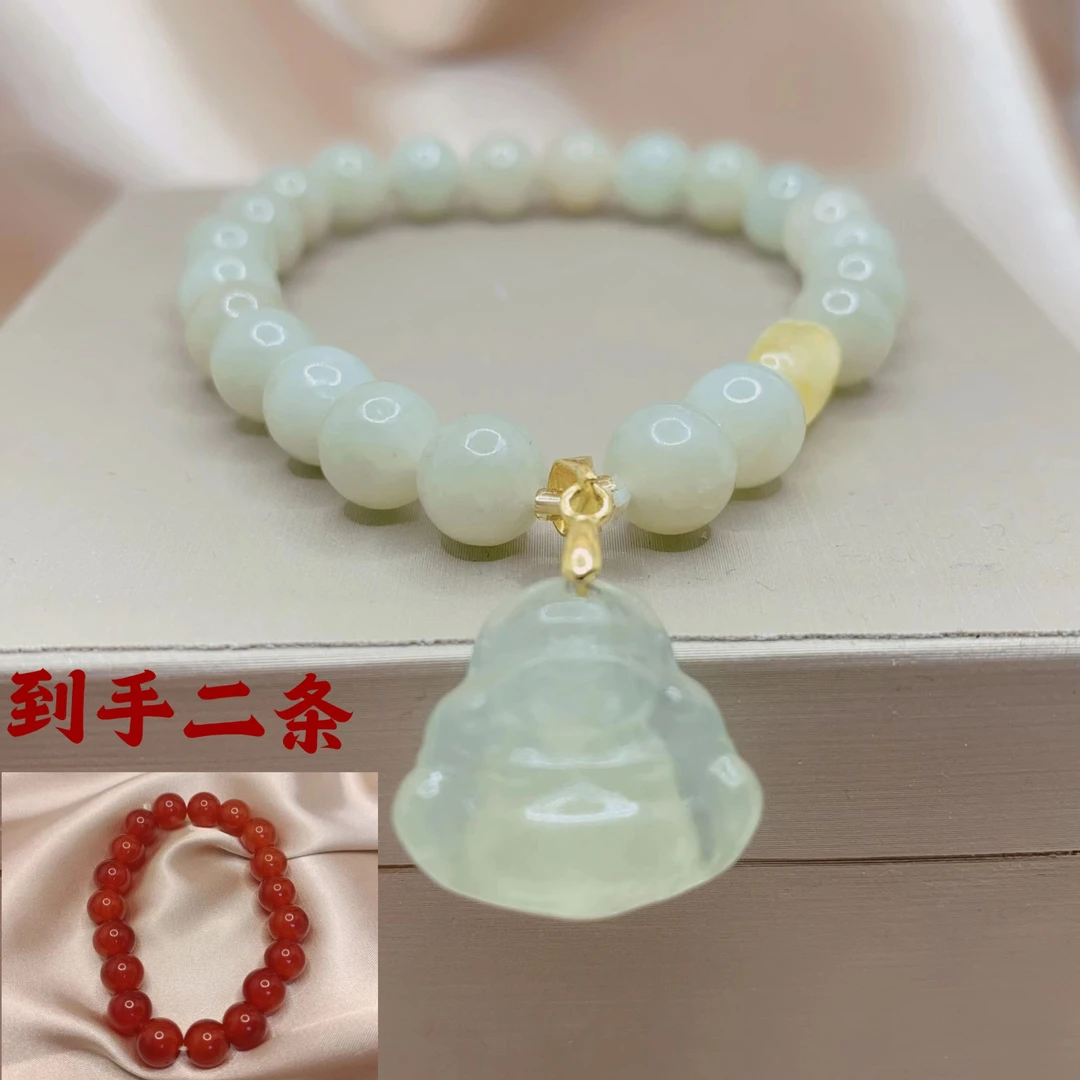 （粉丝专享）淡绿天然和田玉佛公手串深晴水老型珠时尚手链拍一发二