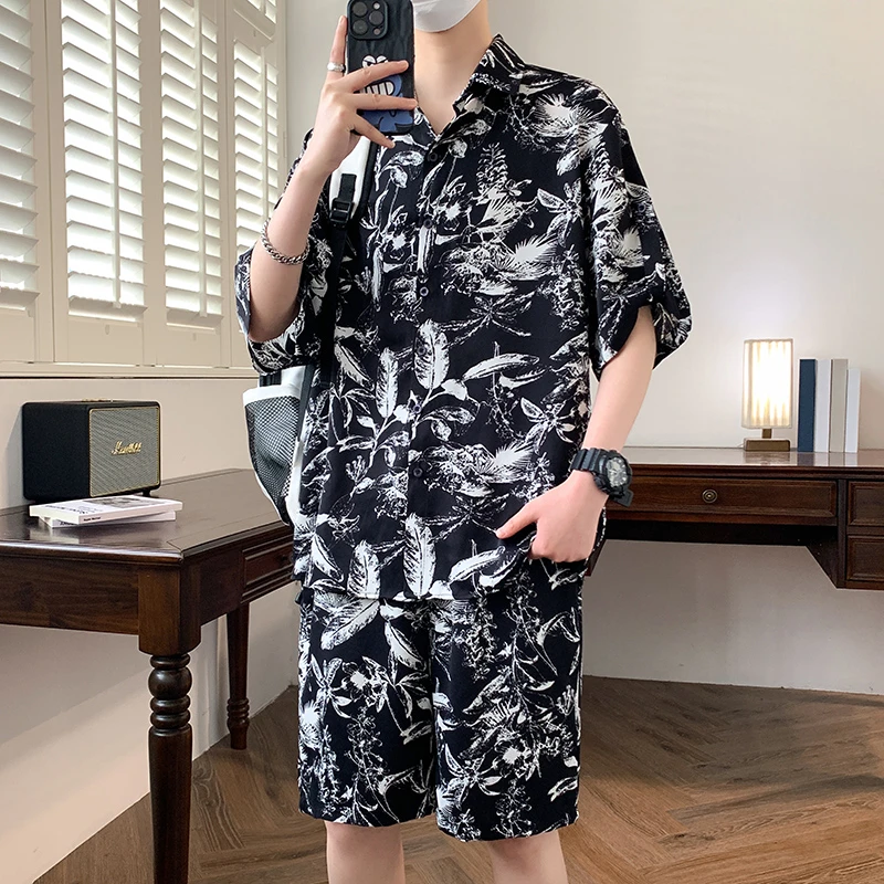 夏季男士短袖印花衬衫套装青少年时尚宽松痞帅冰丝衬衣薄款两件套