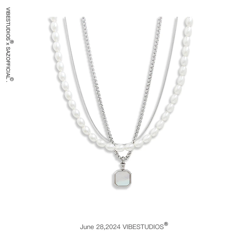 钛钢仿珍珠吊坠 多层叠戴小米珠蛇骨方形吊坠小众高级配饰男女生