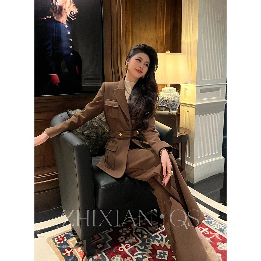 【智贤轻奢】冬日摩洛哥-美拉德坑雪尼尔加厚西装阔腿裤套装两件套