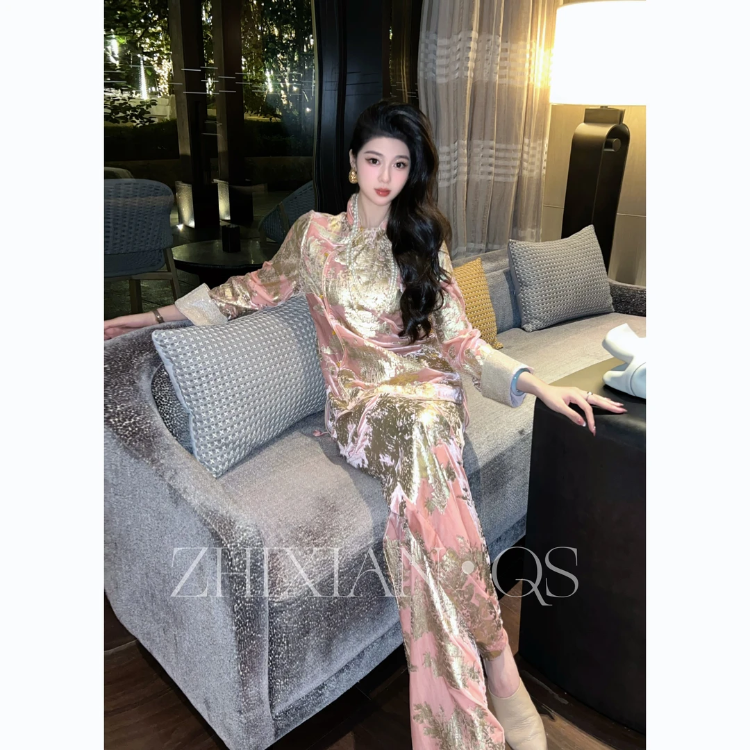 【智贤轻奢12】桃盏流金·国风真丝丝绒烫金盘扣气质时尚套装两件套