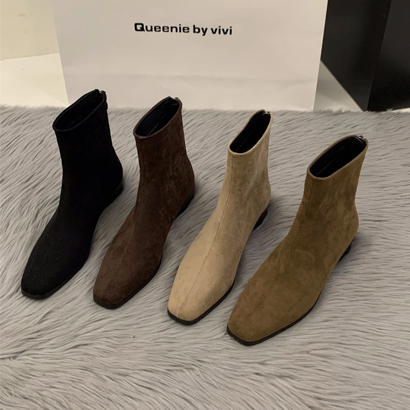 粗跟绒面韩系小踝靴女鞋2024新款秋冬季加绒马丁靴咖色瘦瘦短靴子