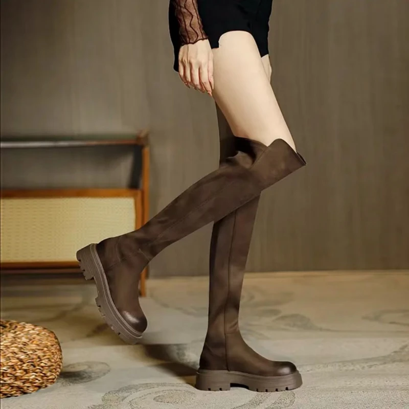 Swefie Guidi小个子粗跟厚底过膝高筒靴女靴长筒百搭弹力瘦瘦靴女