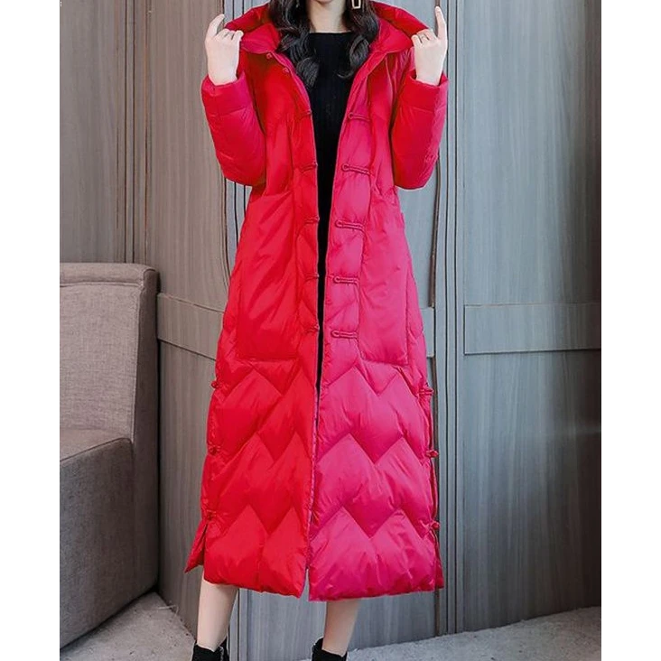 羽绒服女2023年新款复古中国民族风盘扣中长款过膝大码女装平湖MM