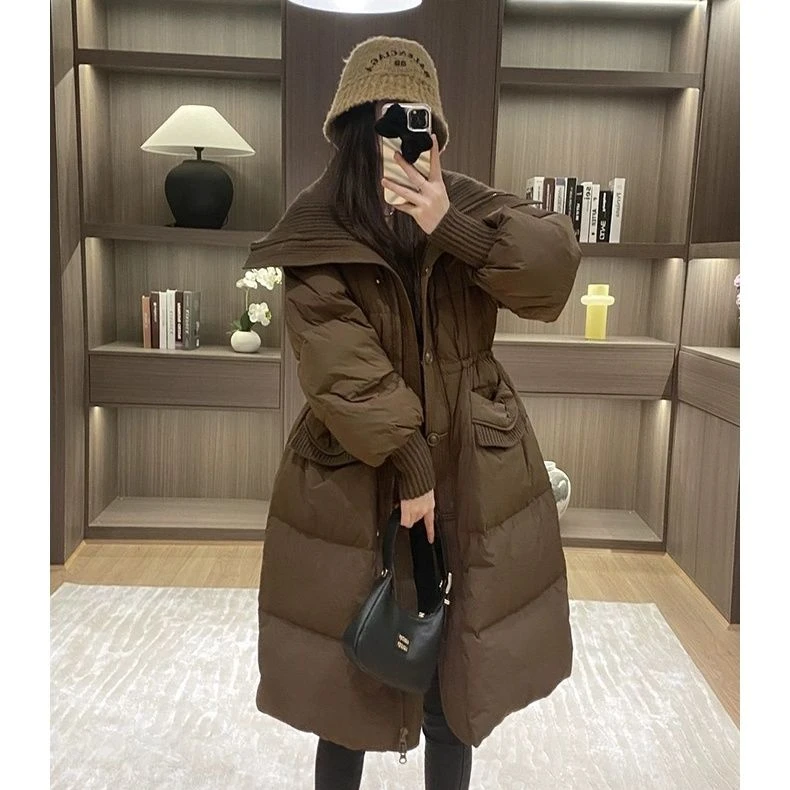 美拉德针织大翻领羽绒服女中长款欧洲站2023冬季新款收腰加厚外套