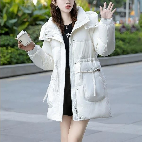 908时尚收腰中长款羽绒服女2023冬季新款连帽领子可拆卸鸭绒外套