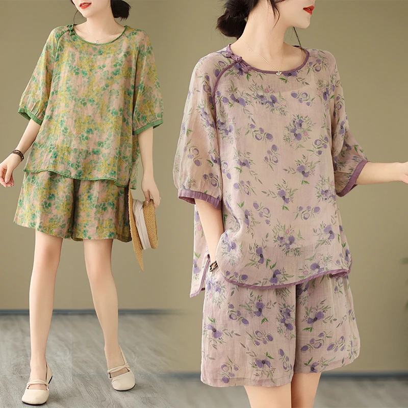 时尚印花套装女夏季文艺休闲气质薄款宽松盘扣套头碎花衬衫+短裤