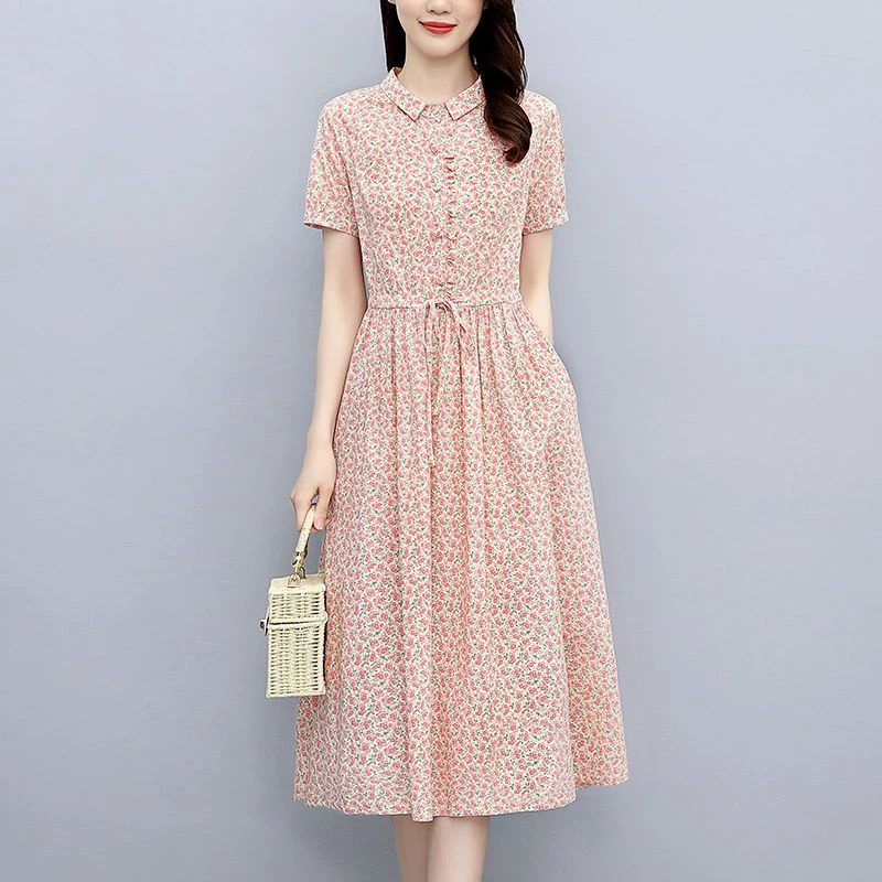 时尚碎花连衣裙女夏季新款高档气质收腰休闲中长款a字裙子印花女