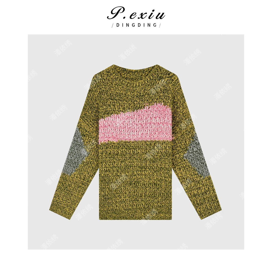 PanYiXiu/潘依绣拼色复古宽松百搭慵懒风针织毛衣 L2262