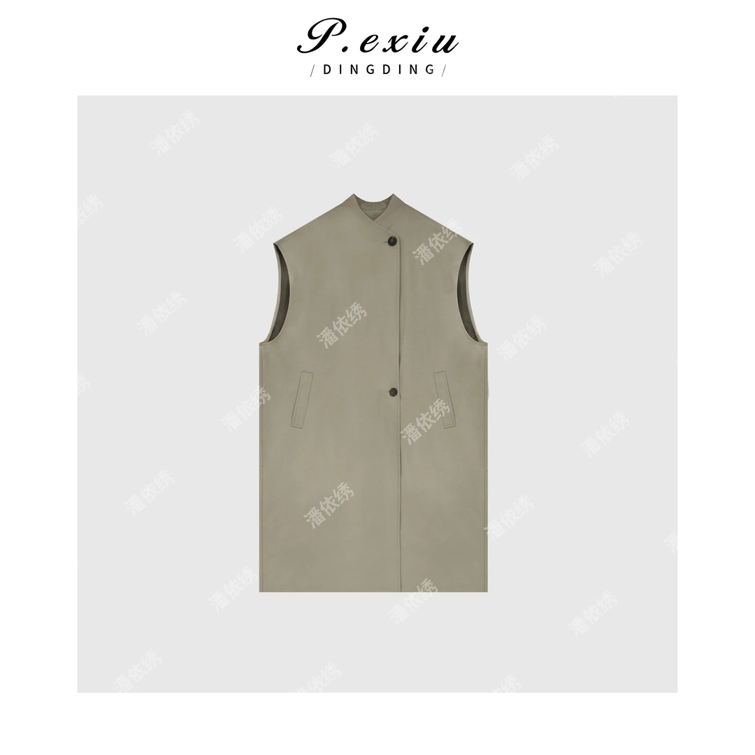 PanYiXiu/潘依绣【栀子奶绿】小众设计立领无袖廓形风衣外套 J5570